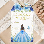 Blue Floral Brunette Hair Princess Sweet Sixteen Gift Tags<br><div class="desc">This elegant and glamourous sweet sixteen birthday gift tag can be personalised with a name. The design features a beautiful princess with brunette hair and fair skin in a blue ball gown. The text combines handwritten script and modern sans serif fonts for a classy and sophisticated look. The floral arrangements,...</div>