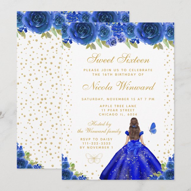 Blue Floral Brunette Hair Princess Sweet Sixteen Invitation (Front/Back)