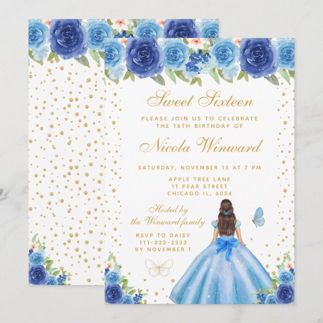 Blue Floral Brunette Hair Princess Sweet Sixteen Invitation (Front/Back)