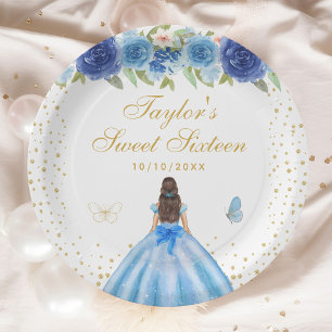 Blue Floral Brunette Hair Princess Sweet Sixteen Paper Plate