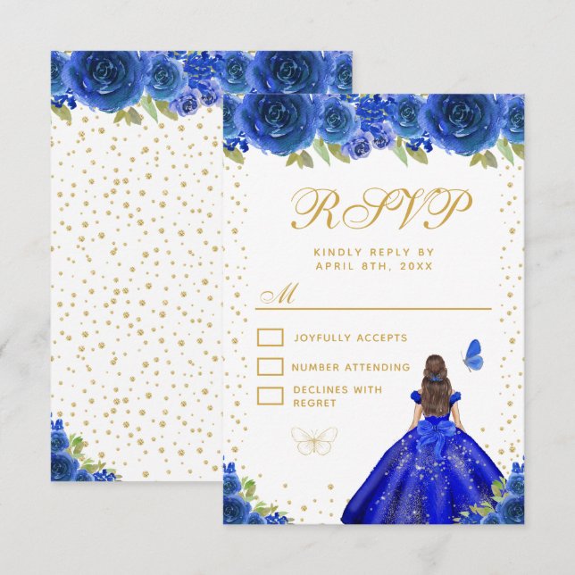 Blue Floral Brunette Hair Princess Sweet Sixteen RSVP Card (Front/Back)