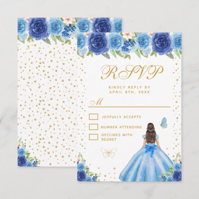 Blue Floral Brunette Hair Princess Sweet Sixteen RSVP Card (Front/Back)