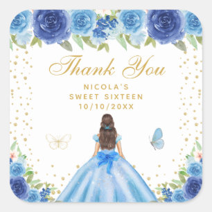 Blue Floral Brunette Hair Princess Sweet Sixteen Square Sticker