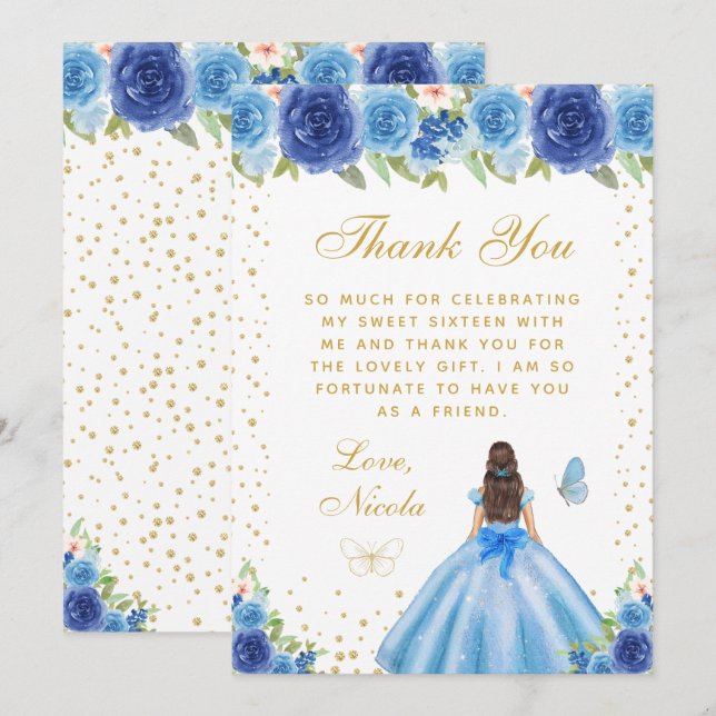 Blue Floral Brunette Hair Princess Sweet Sixteen Thank You Card (Front/Back)