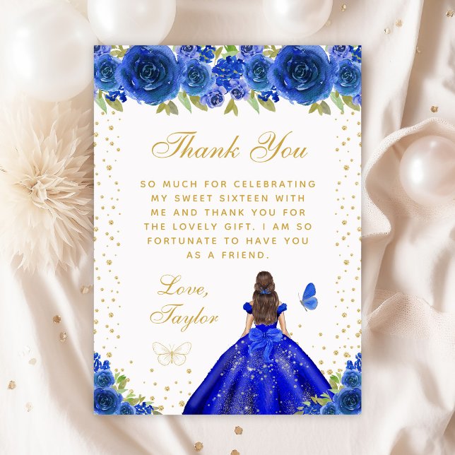Blue Floral Brunette Hair Princess Sweet Sixteen Thank You Card (Creator Uploaded)