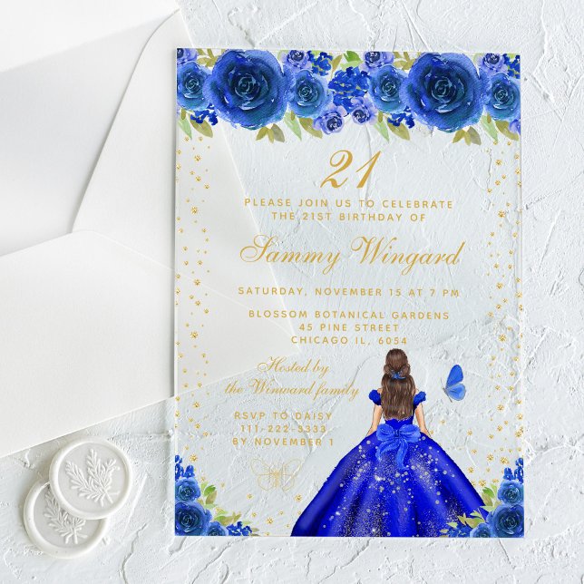 Blue Floral Brunette Princess Birthday Party Acrylic Invitations (Creator Uploaded)