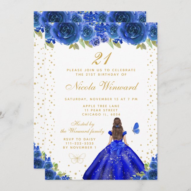 Blue Floral Brunette Princess Birthday Party Invitation (Front/Back)