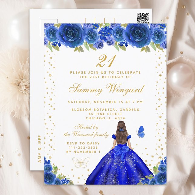 Blue Floral Brunette Princess Birthday Party Postcard (Creator Uploaded)