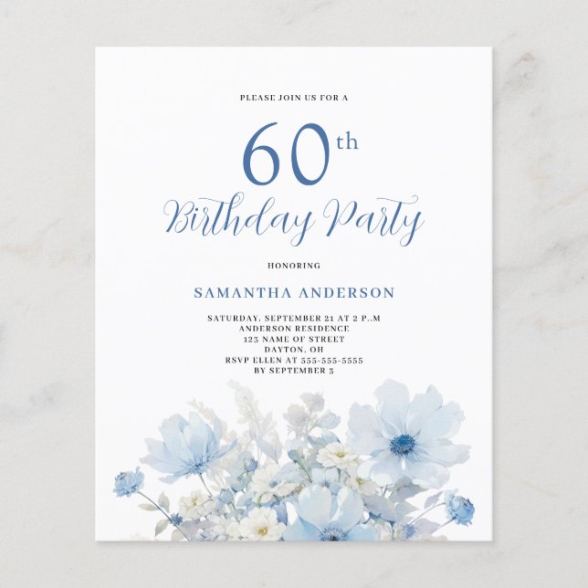  Blue Floral Budget 60th Birthday Invitation Flyer (Front)