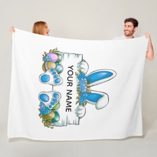 Blue Floral Bunny Ears Easter Name Sign Graphic Fleece Blanket