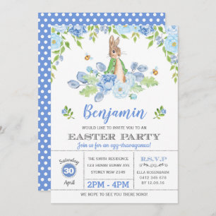 Blue Floral Bunny Easter Party Watercolor Rabbit Invitation