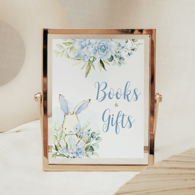 Blue Floral Bunny Rabbit Baby Books and Gifts Poster (A Little Bunny Boy Baby Shower Books and Gifts Sign)