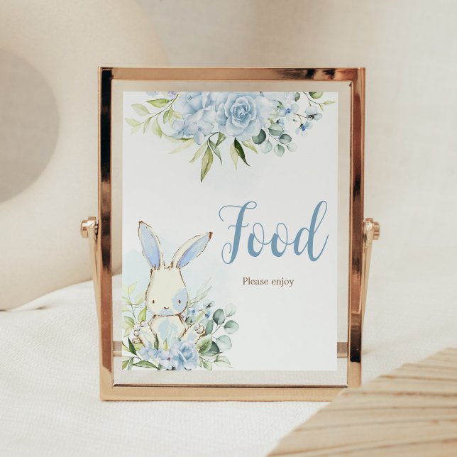 Blue Floral Bunny Rabbit Baby Shower Food Poster (A Little Bunny Boy Baby Shower Food Sign)