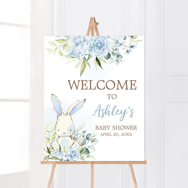 Blue Floral Bunny Rabbit Baby Shower Welcome Poster (A Little Bunny Boy Baby Shower Welcome Sign)