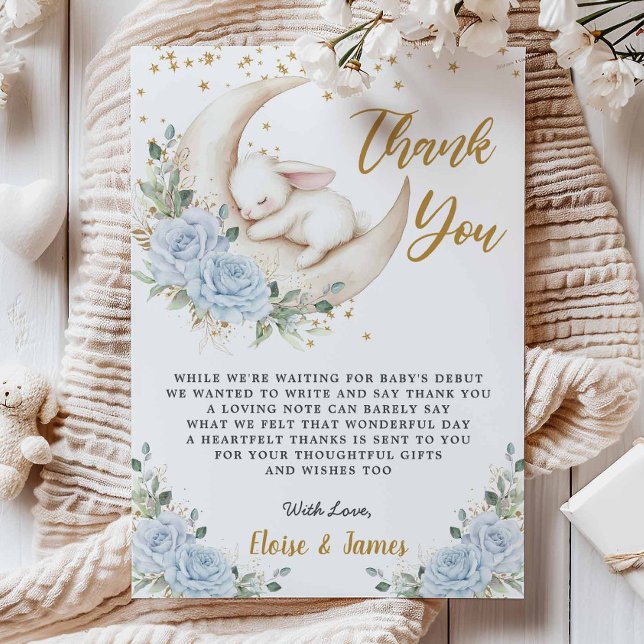 Blue Floral Bunny Rabbit Over the Moon Baby Shower Thank You Card (Creator Uploaded)
