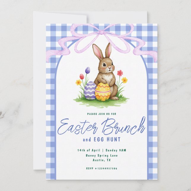 Blue Floral Bunny Watercolor Gingham Ribbon Easter Invitation (Front)