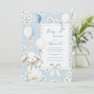 Blue Floral Bunny with Balloons Elegant Baby Invitation