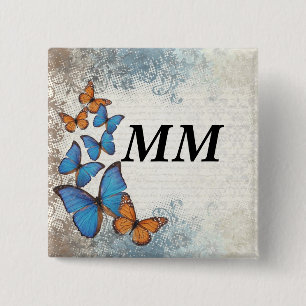Blue floral butterflies 15 cm square badge
