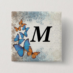 Blue floral butterflies 15 cm square badge