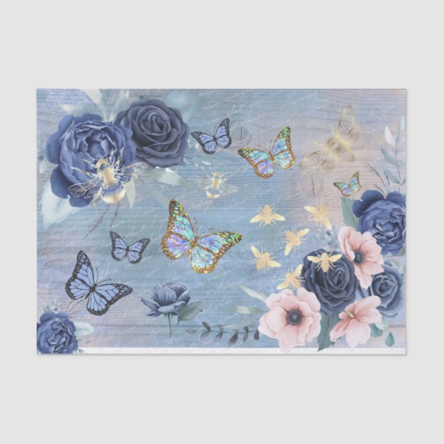 blue floral butterflies and bees tissue paper (Front)