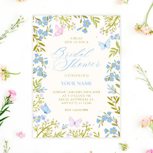 Blue floral butterflies bridal shower invitation