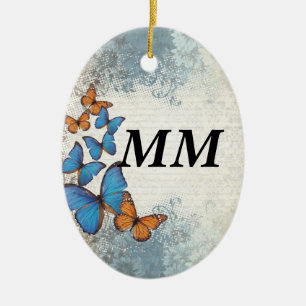 Blue floral butterflies ceramic tree decoration
