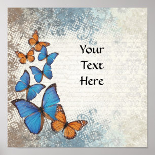 Blue floral butterflies poster