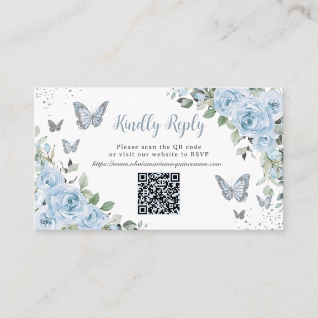 Blue Floral Butterflies Quinceañera QR Code RSVP Enclosure Card (Front)