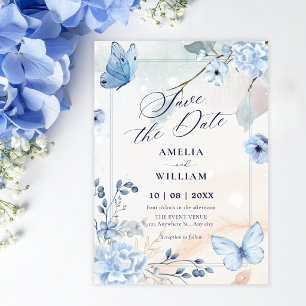Blue floral butterflies save the date
