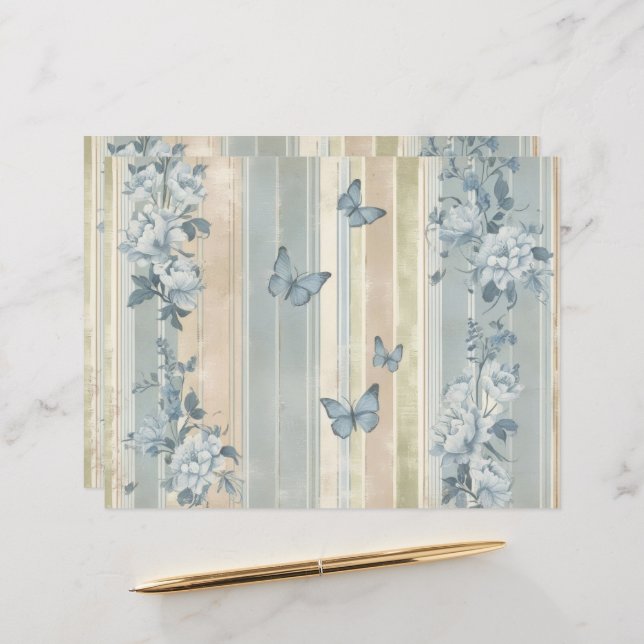 Blue Floral Butterflies Vintage Scrapbook paper (Front/Back In Situ)