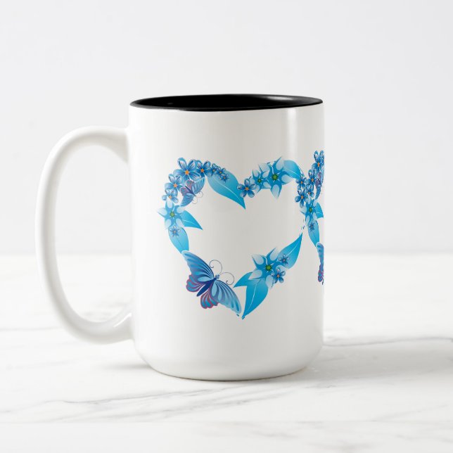 Blue Floral Butterfly Heart Two-Tone Coffee Mug (Left)
