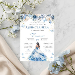 Blue Floral Butterfly Quinceanera Invitation
