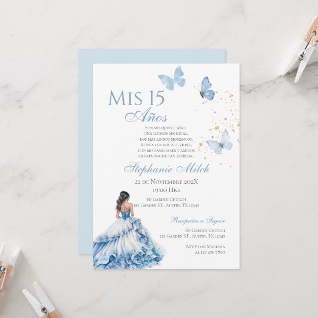 Blue Floral Butterfly Quinceanera Invitation (Front/Back In Situ)