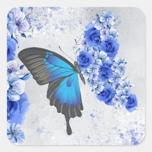 Blue Floral Butterfly Square Sticker
