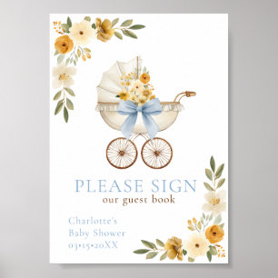 Blue Floral Carriage Baby Shower Guest Book Sign