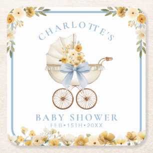 Blue Floral Carriage Baby Shower Paper Coaster