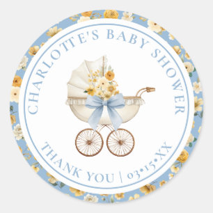 Blue Floral Carriage Baby Shower Thank You Sticker