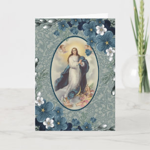 Blue Floral Catholic Virgin Mother Mary Card