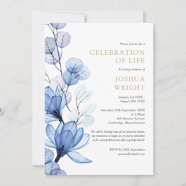 Blue Floral Celebration Of Life Funeral Invitation (Front)