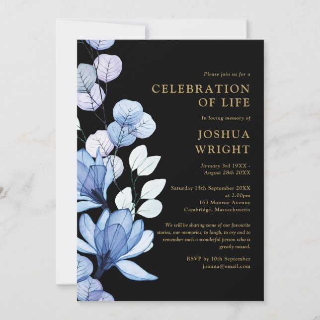 Blue Floral Celebration Of Life Funeral Invitation (Front)