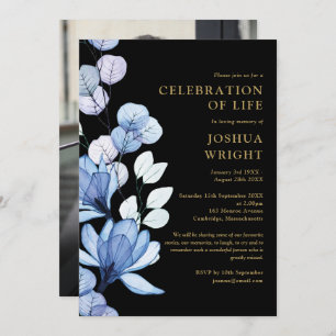 Blue Floral Celebration Of Life Funeral Photo Invitation