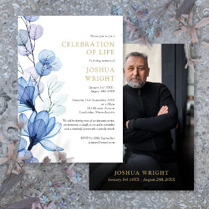 Blue Floral Celebration Of Life Funeral Photo Invitation