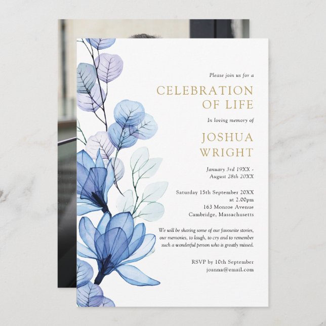 Blue Floral Celebration Of Life Funeral Photo Invitation (Front/Back)
