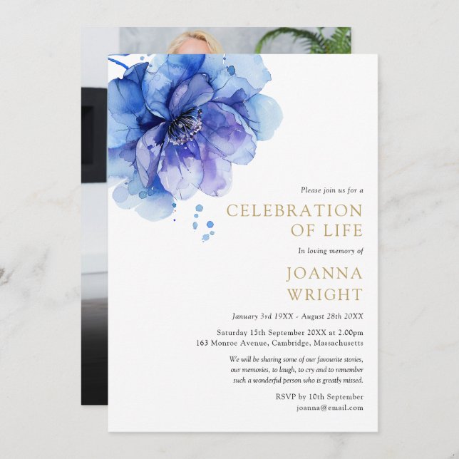 Blue Floral Celebration Of Life Funeral Photo Invitation (Front/Back)