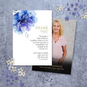 Blue Floral Celebration Of Life Funeral Photo Thank You Card