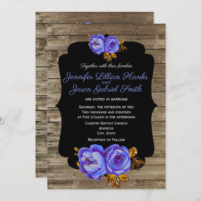 Blue floral, chalkboard rustic brown wood wedding invitation (Front/Back)
