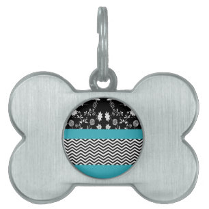 blue floral chevron pet name tag