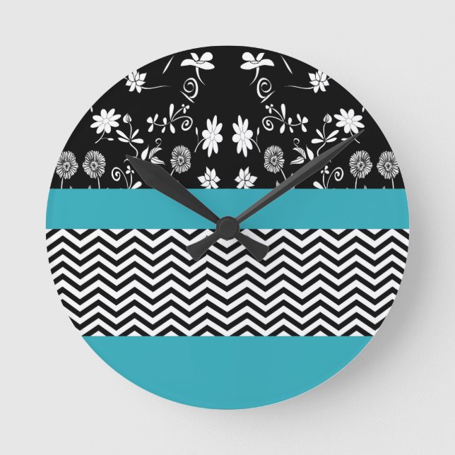 blue floral chevron round clock (Front)