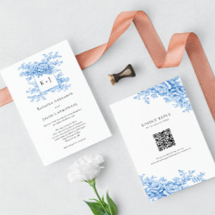Blue Floral Chinoiserie 2-sided QR Code Monogram Invitation