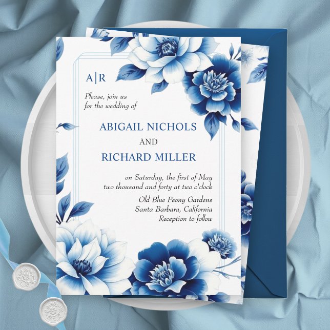 Blue floral Chinoiserie and triple border wedding Invitation (Creator Uploaded)
